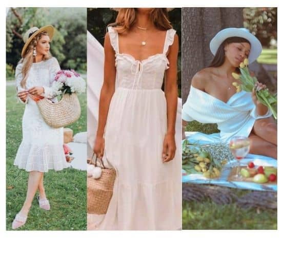 what to wear for picnic, white dress picnic outfit ideas