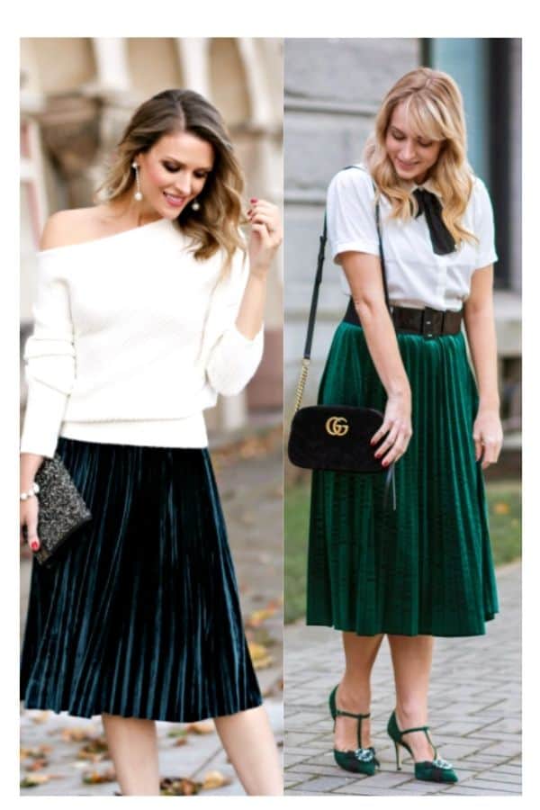 Green pleated skirt outfit