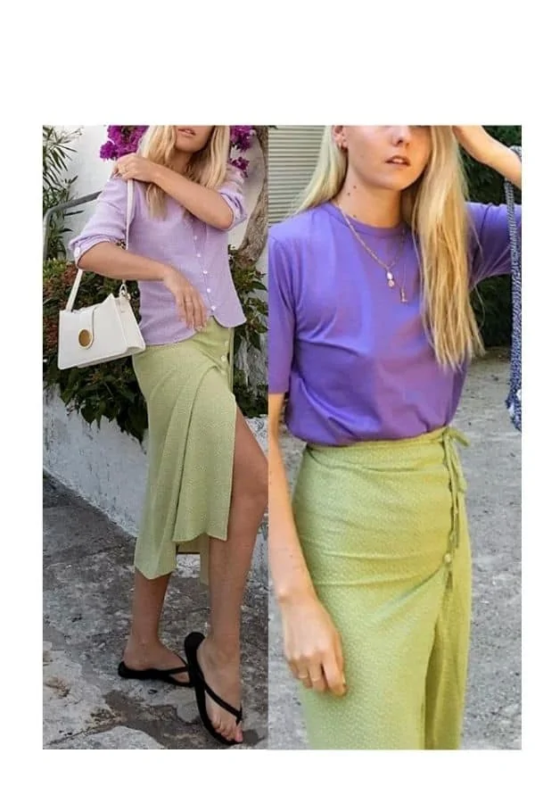 Purple top and green skirt outfit ideas 