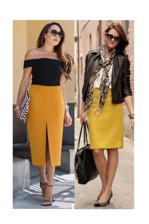 Mustard yellow pencil skirt outfit ideas