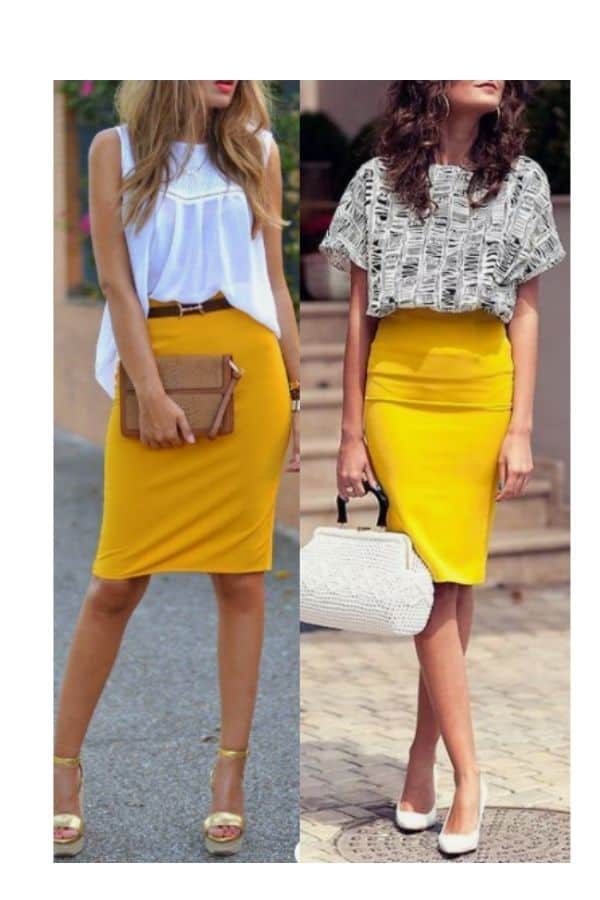 Mustard yellow pencil skirt outfit