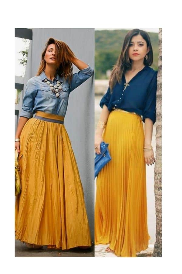 mustard yellow ong skirt outfit ideas
