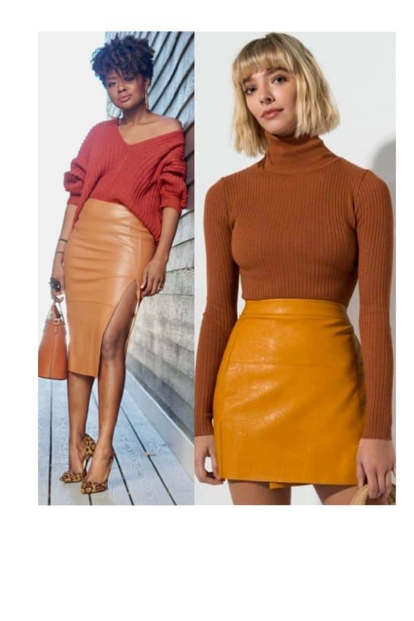 Mustard leather skirt outfit