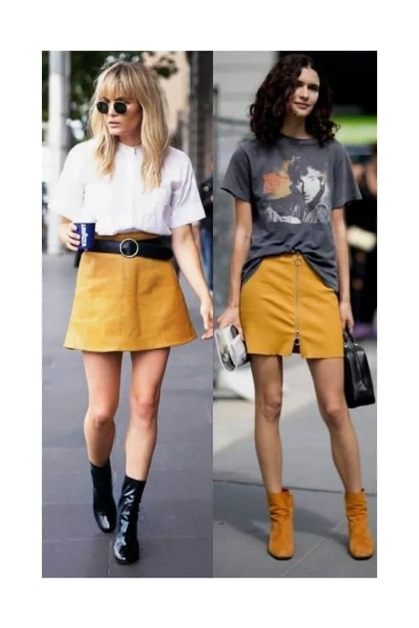Mustard yellow mini skirt outfit