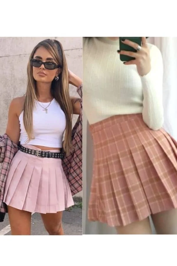 Pink mini pleated skirt outfit ideas