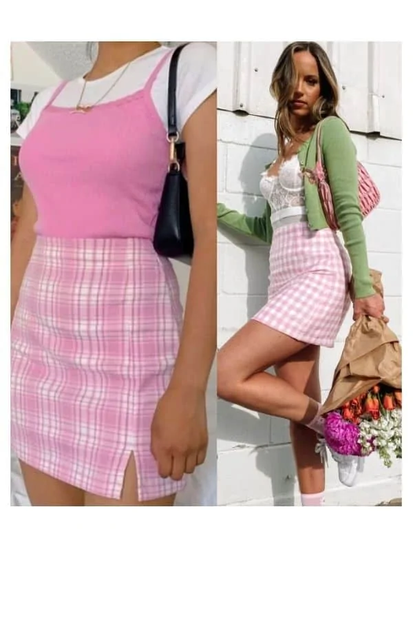 pink plaid skirt outfit ideas