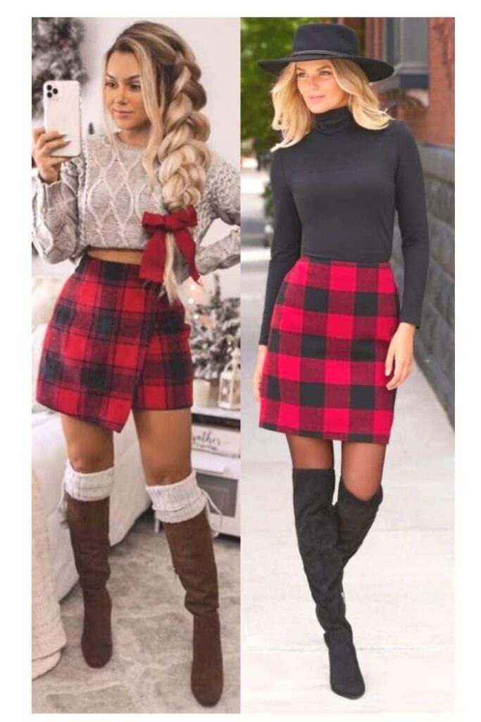 red plaid skirt outfit ideas