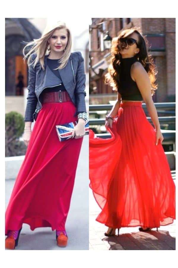 red long skirt outfit ideas