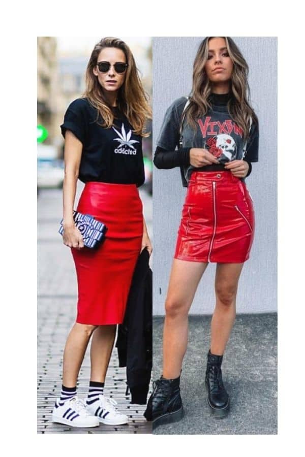 red leather skirt outfit ideas