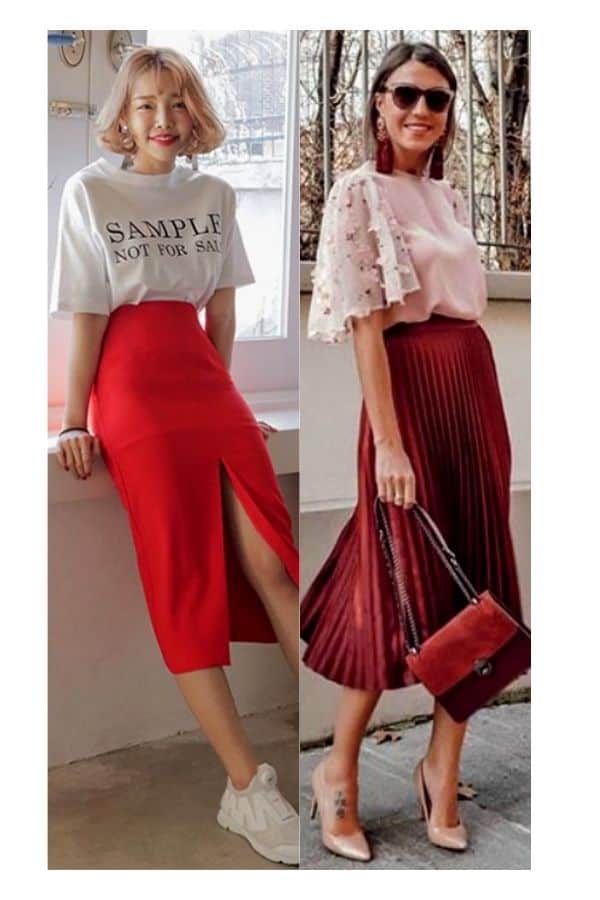 red midi skirt outfit ideas