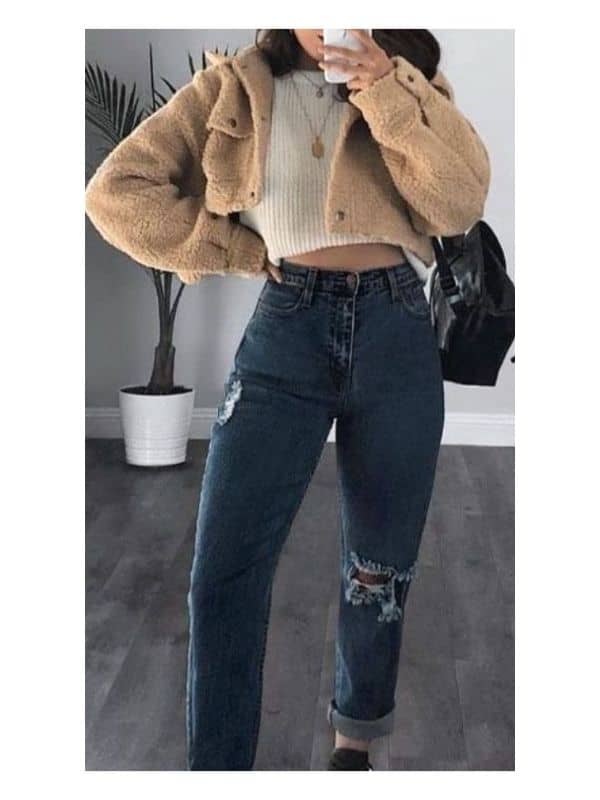 Cropped teddy coat outfit
