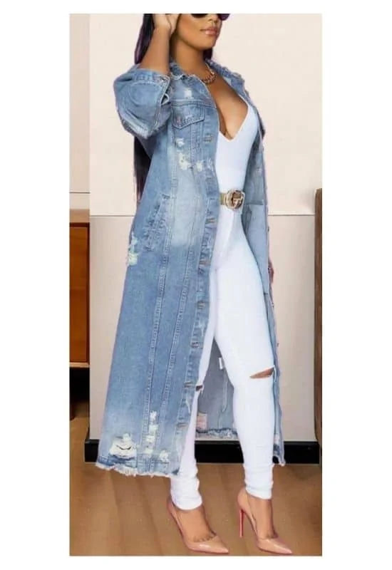 Long denim jacket and sleeveless jumpsuit outfit