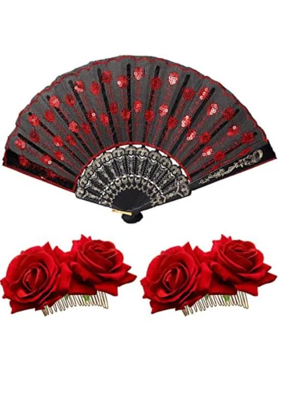Rose hair clip & embroidered handheld fan