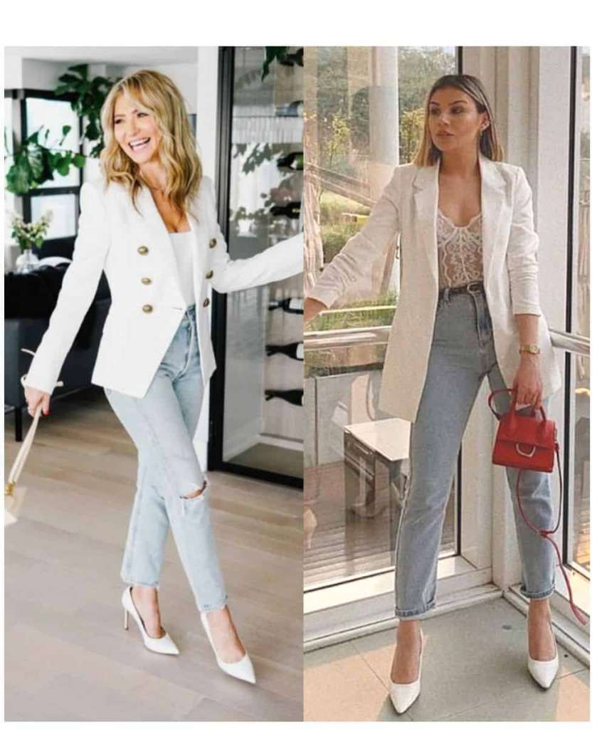 white blazer with jeans and heels