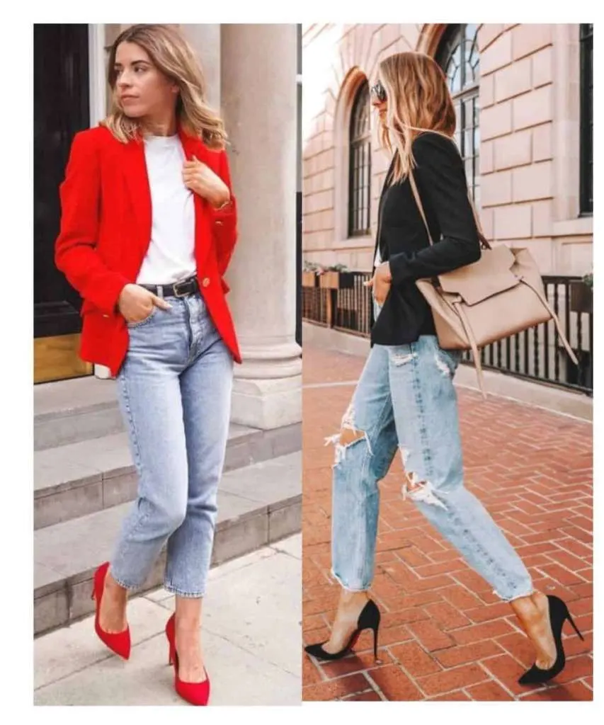 casual blazer with jeans and heels