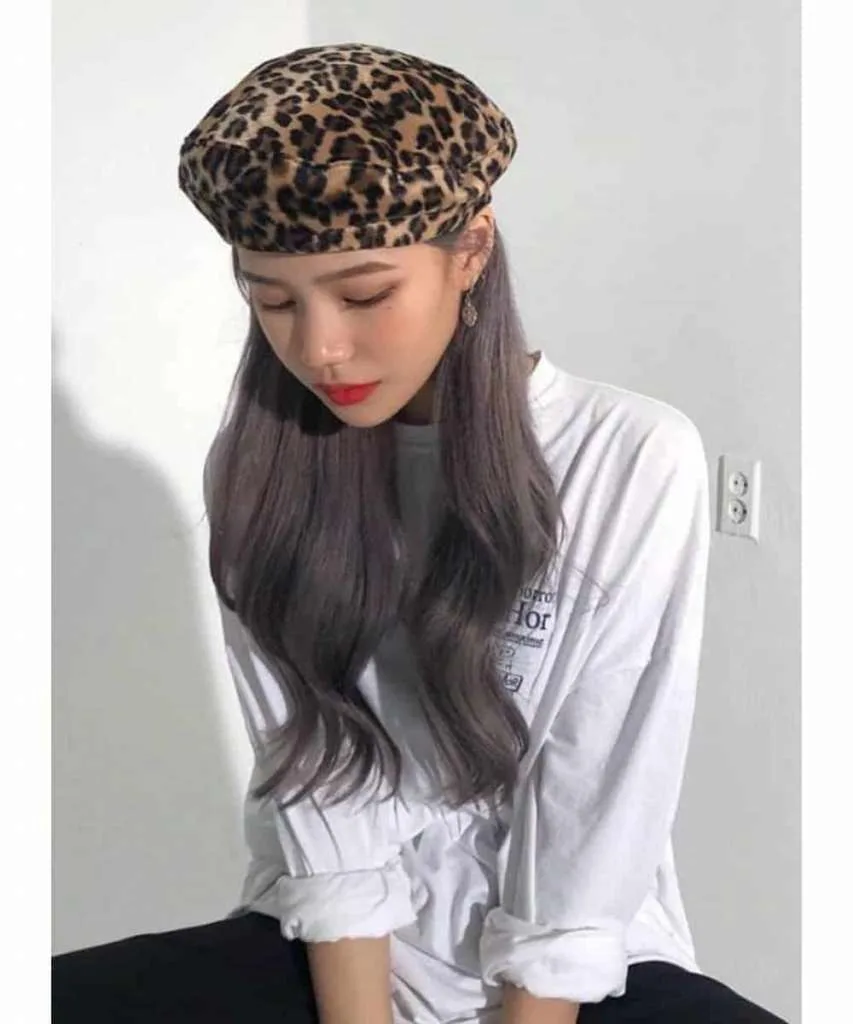 leopard print sneakaers with beret