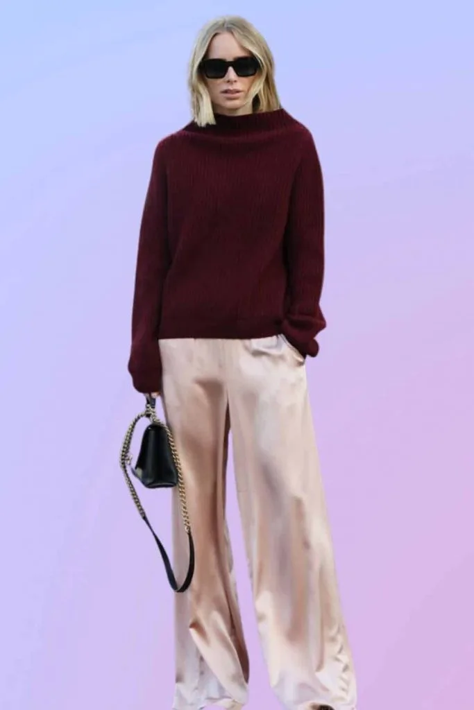 baggy silk pants and sweater outfits
