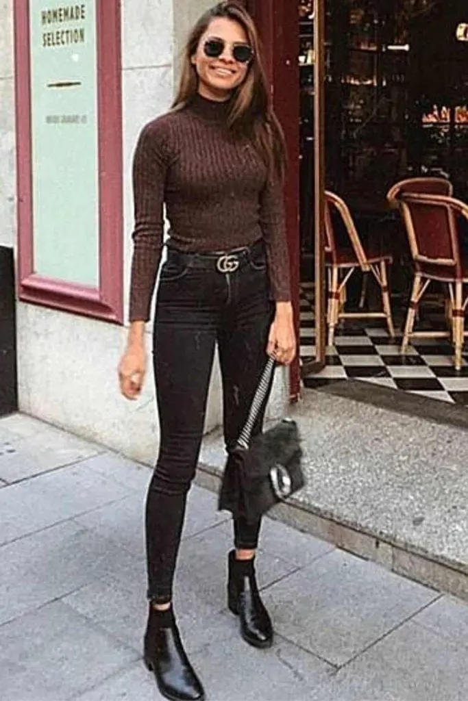 fitted turtleneck and black jeans
