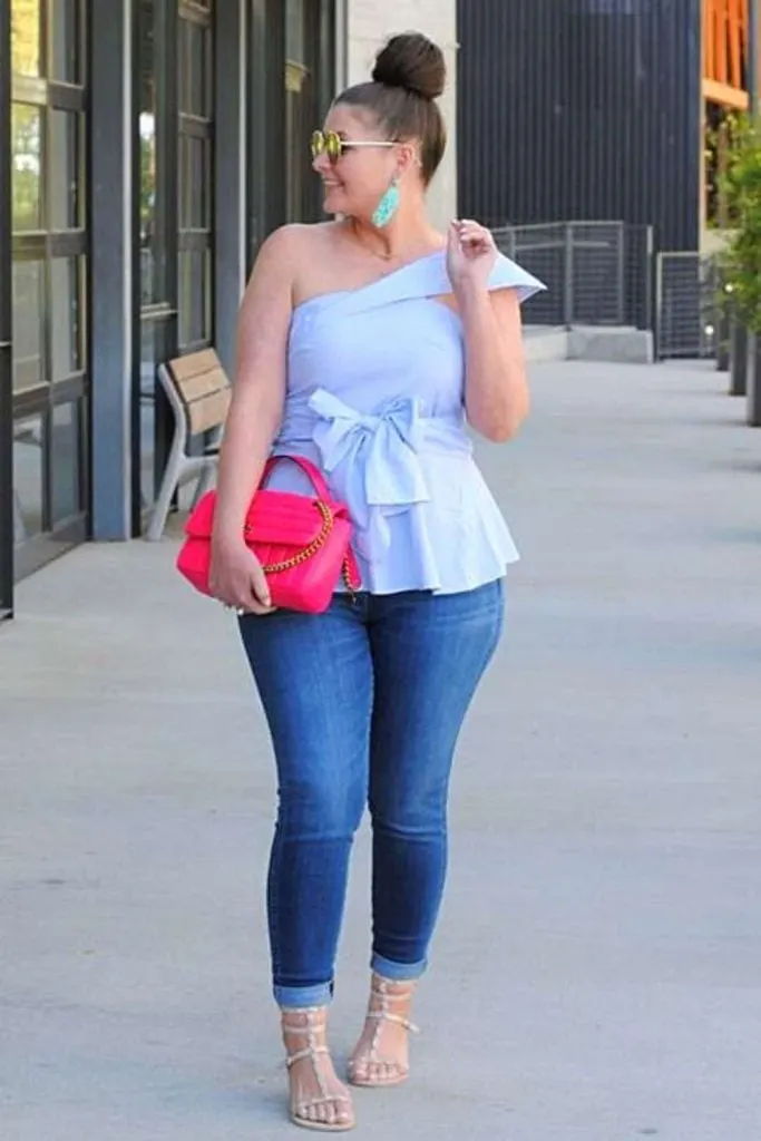 one shoulder top with jeans and heels