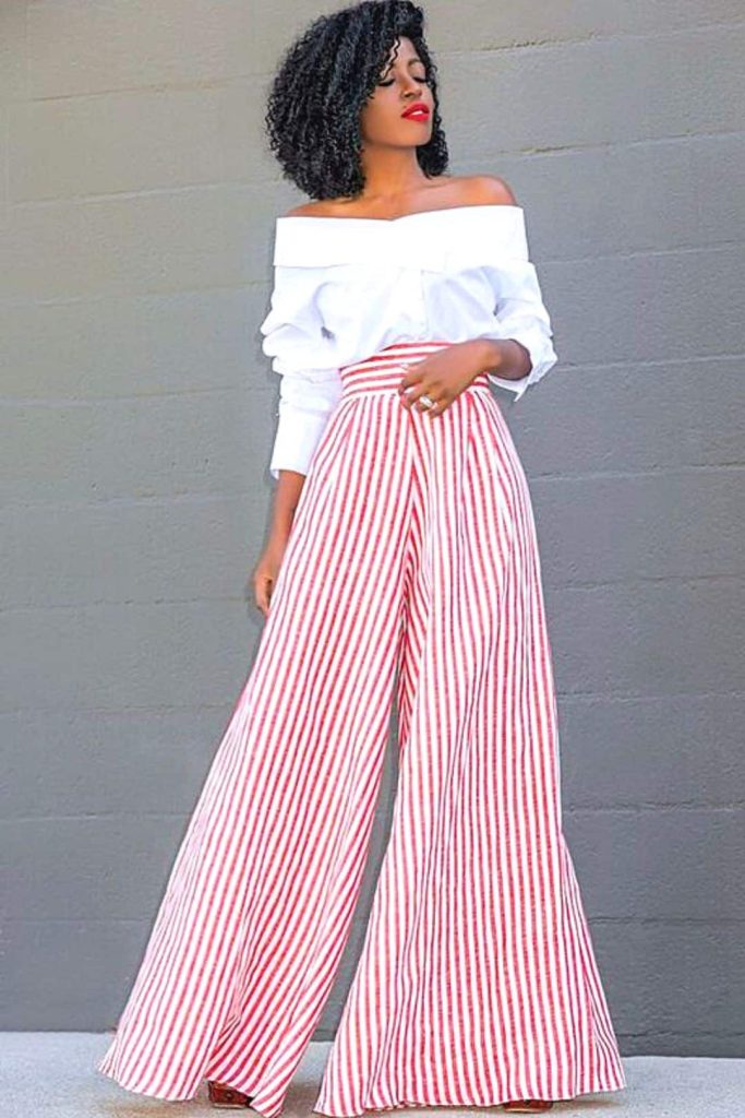 Off-shoulder top and striped pants