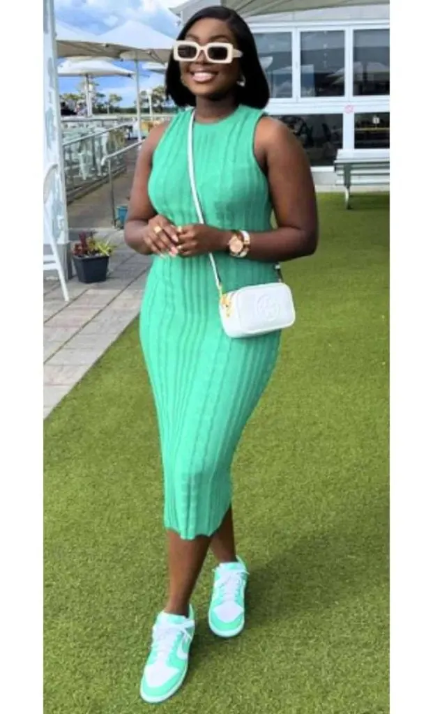green bodycon dress with sneakers