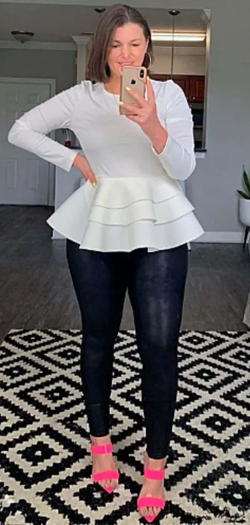 peplum top faux leather leggings outfit