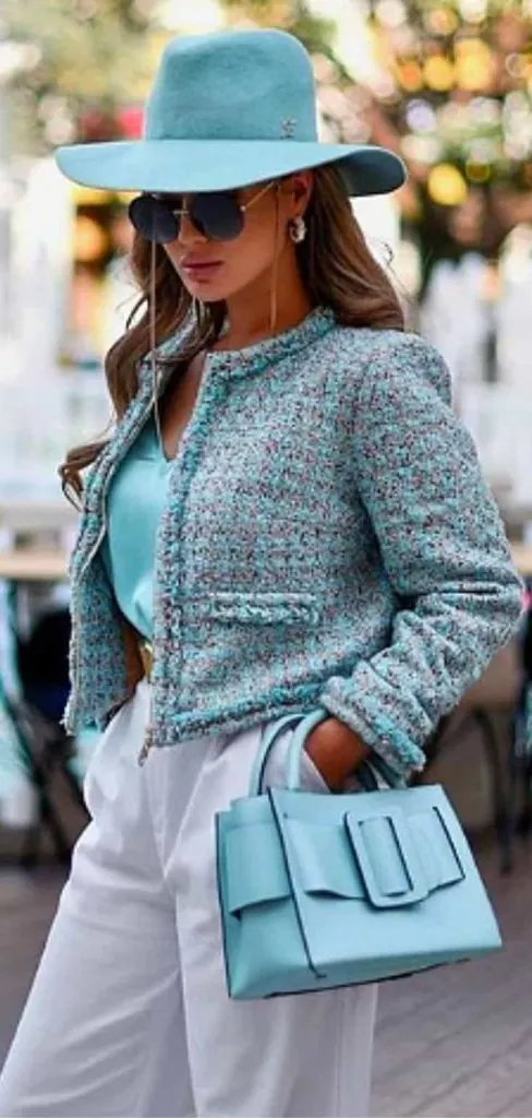 Blue chanel tweed coat outfit