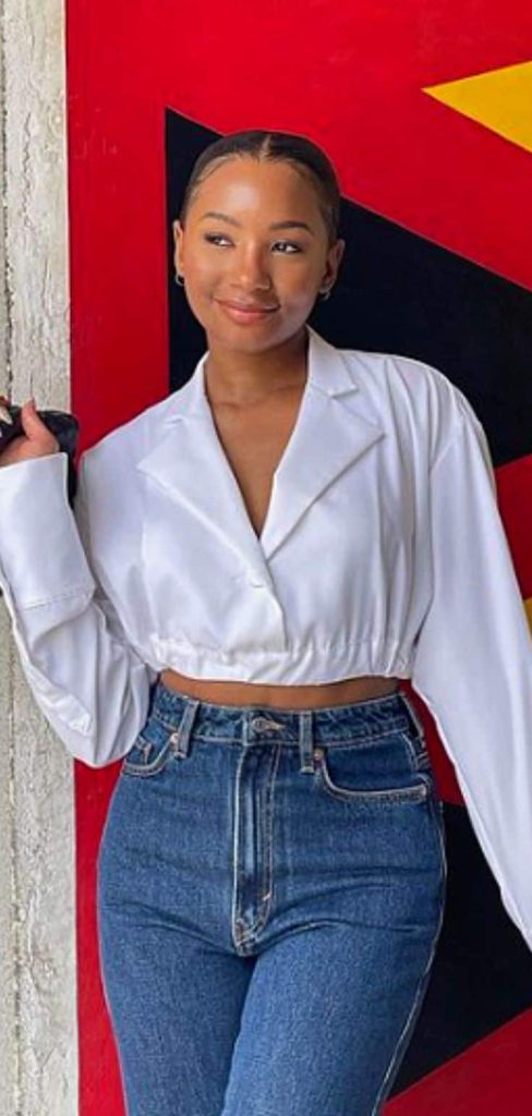 cinched waist cropped button down shirt