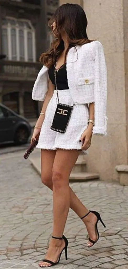 white chanel coat and shorts outfit