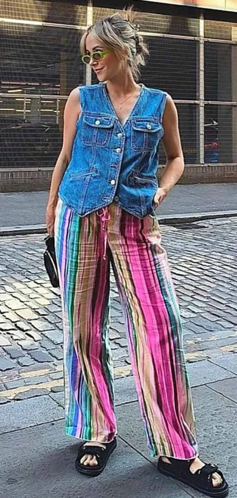 denim waistcoat and rainbow pants