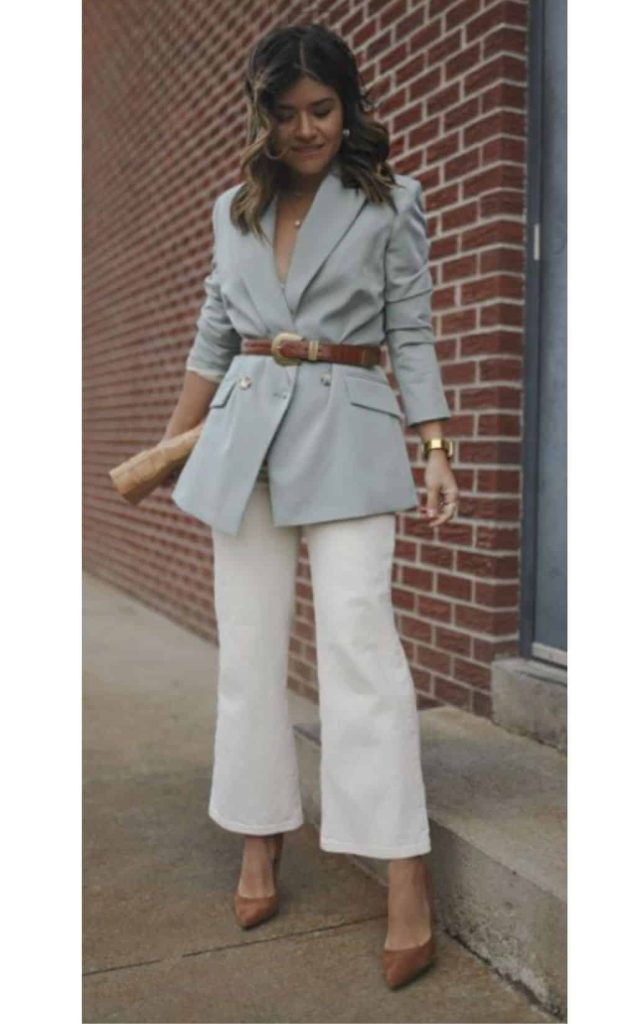 belted blazer and jeans