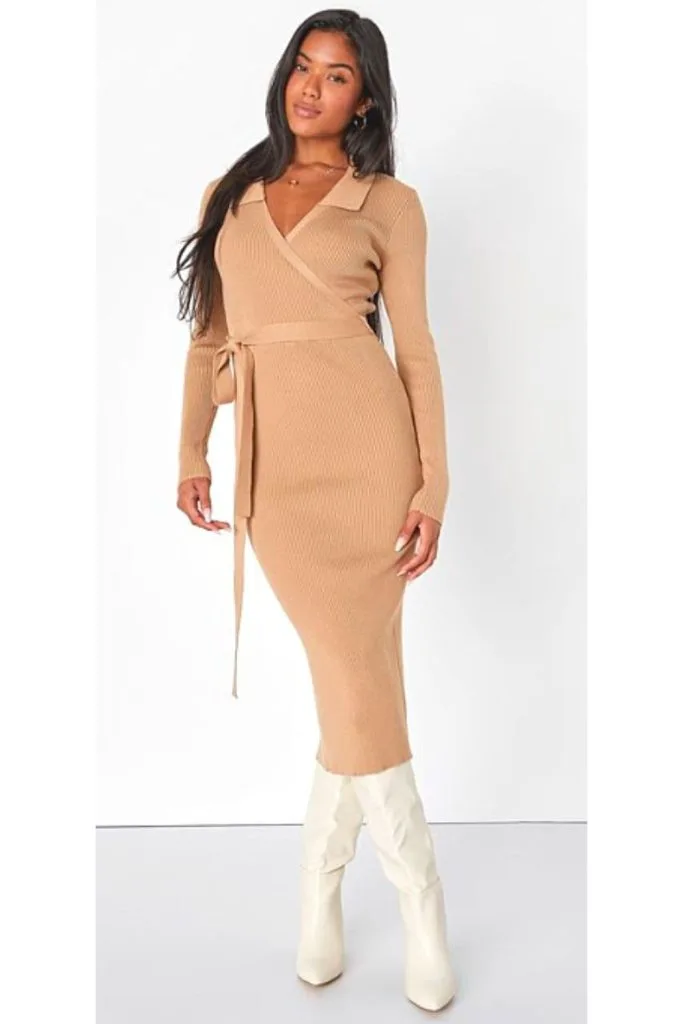 brown sweater dress white boots