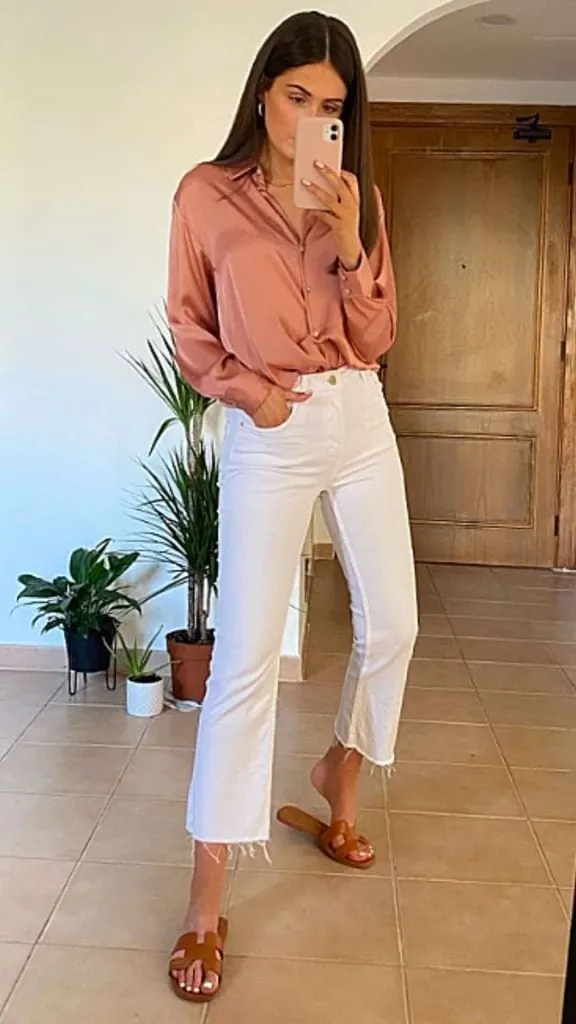 satin silk top and cream jeans outfit