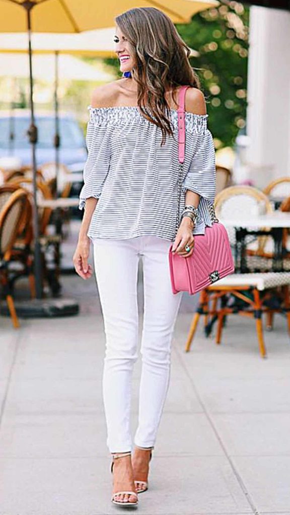 OFF SHOULDER TOP and cream jeans outfit