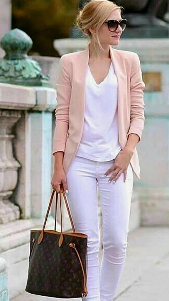 pink blazer and cream jeans outfit