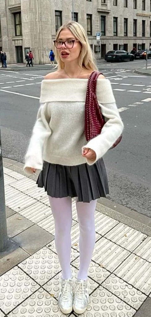 mini skirt and sneakers with white tights