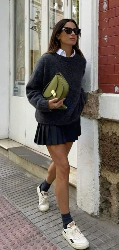 Mini skirt and sneakers outfit fall winter