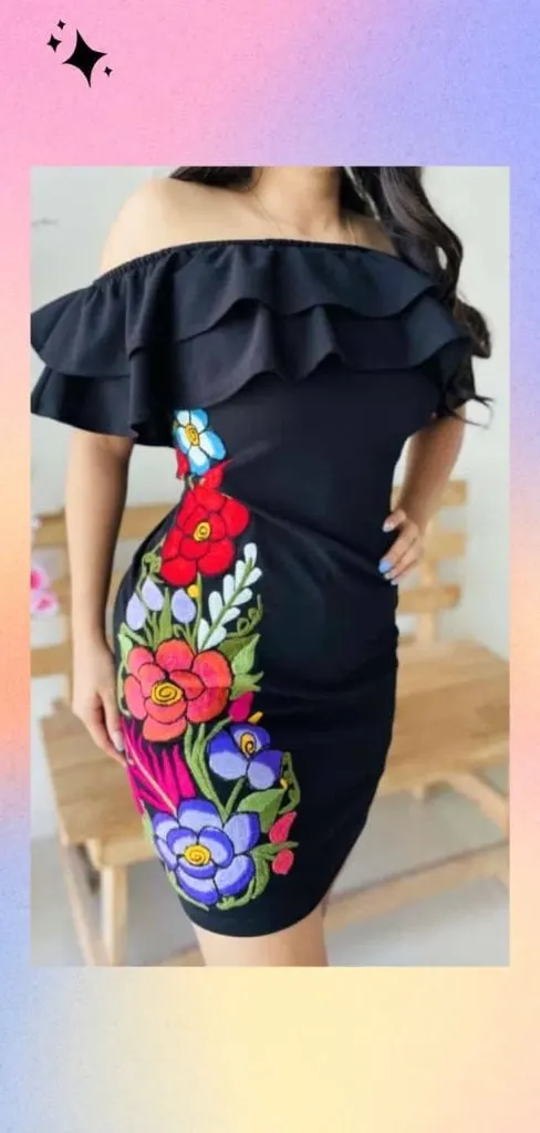 feminine embroidered black dress mexican