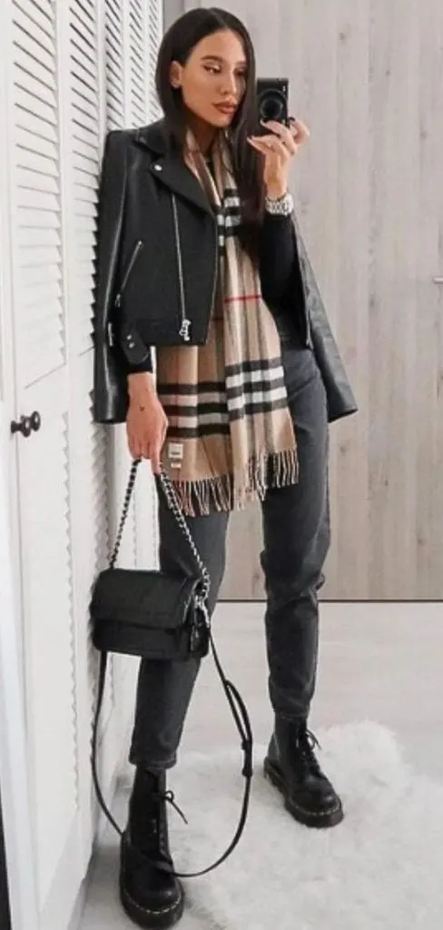 burberry scarf outfit ideas biker jacket