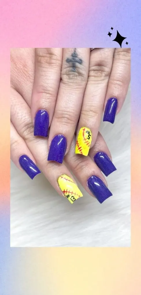 cute softball nail ideas  purple yellow