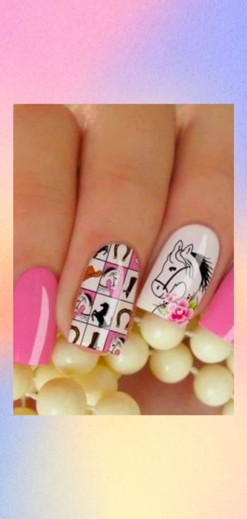Delicate pink horse nail design