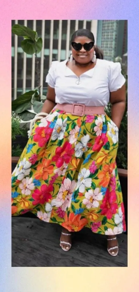 how to wear floral skirt with big tummy