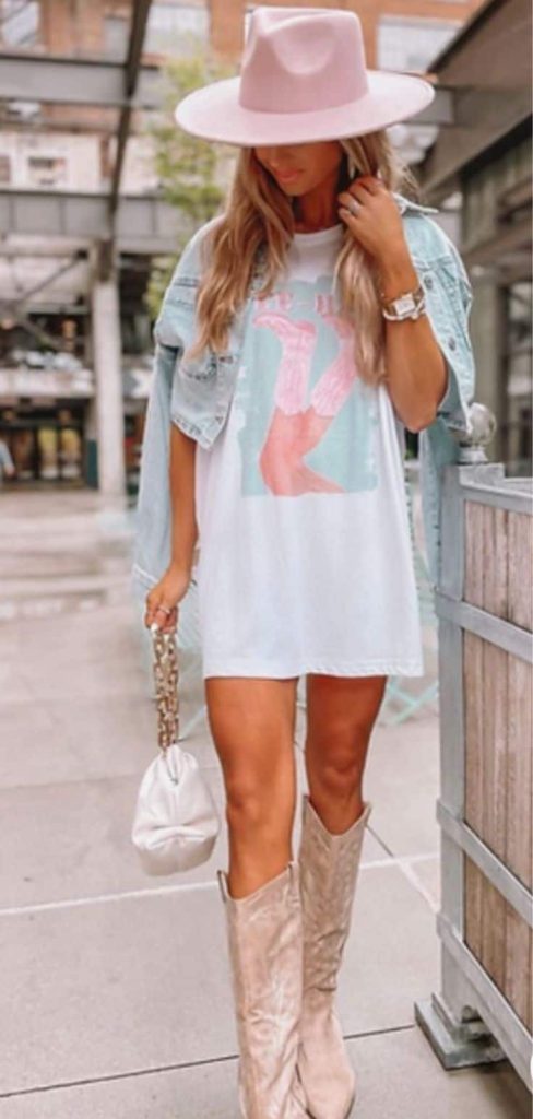 Short graphic tee dress with cowboy boots