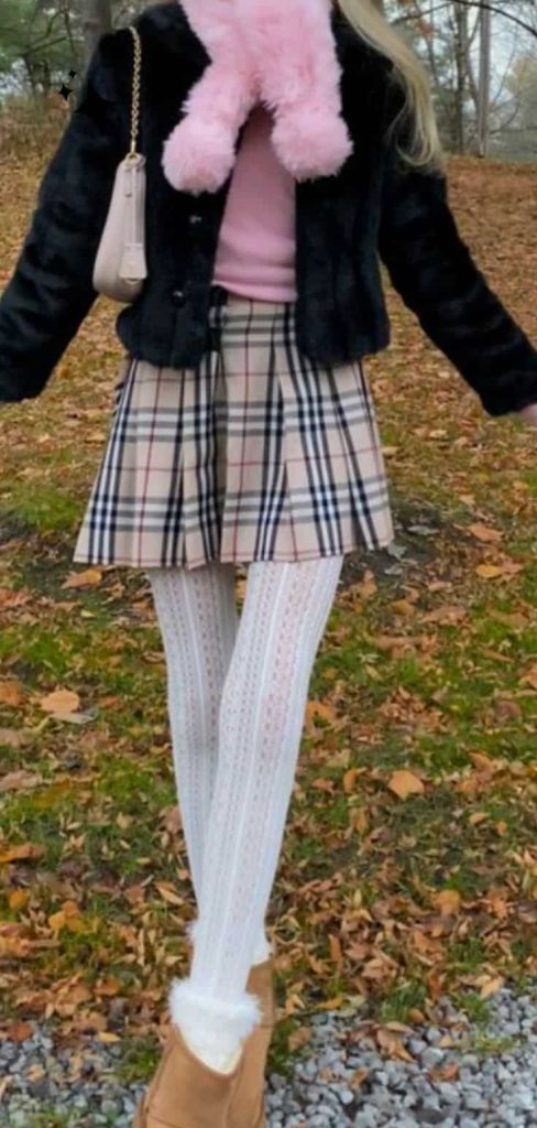white patterned tights and plaid skirt