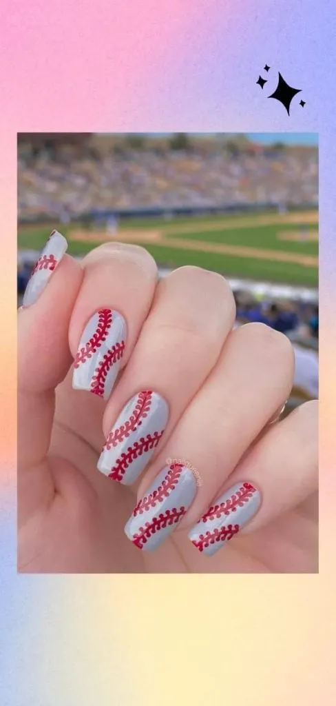 Grey & red baseball stitches nails