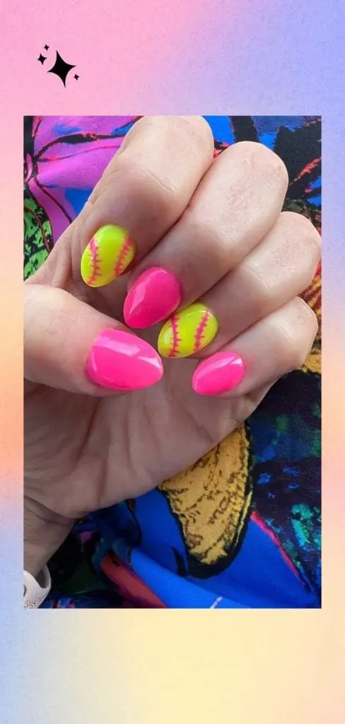 pink yellow softball nail inspo
