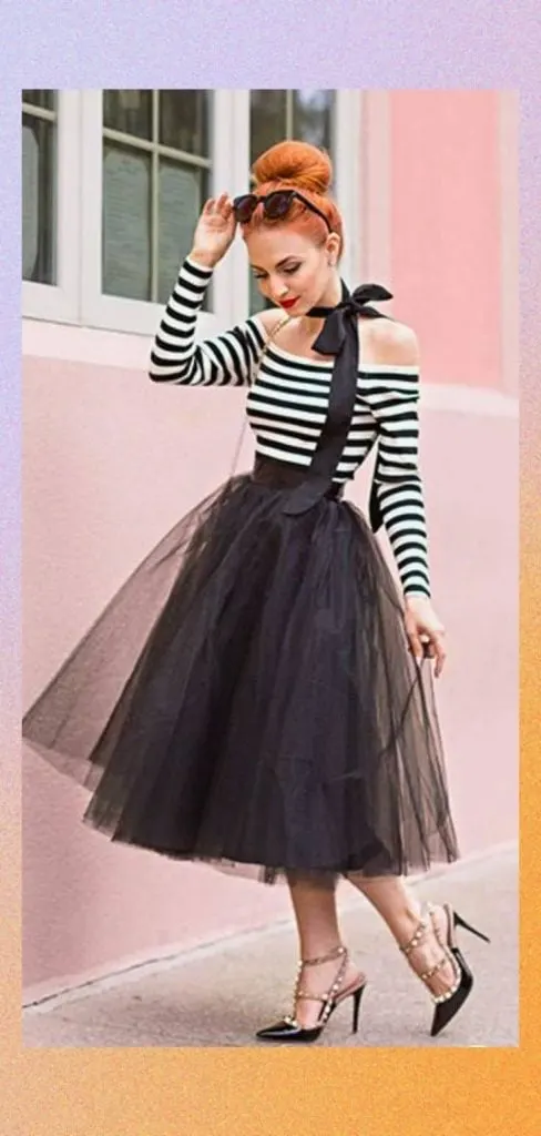 Off-shoulder stripe top and tulle skirt 